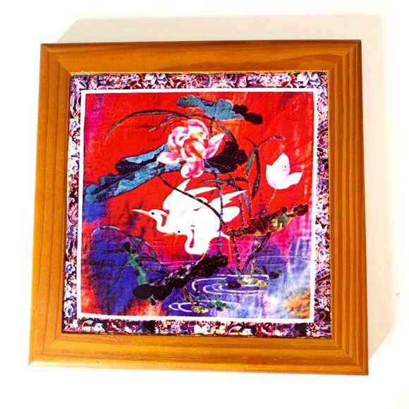 Wood Framed Ceramic Tile Trivet with Egret Lotus Flower Art Zewei Willa O’Conner - Picture 1 of 5